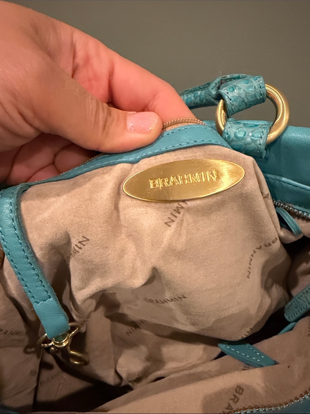 Brahmin Turquoise Leather Tote with Gold Hardware - Picture 6 of 7